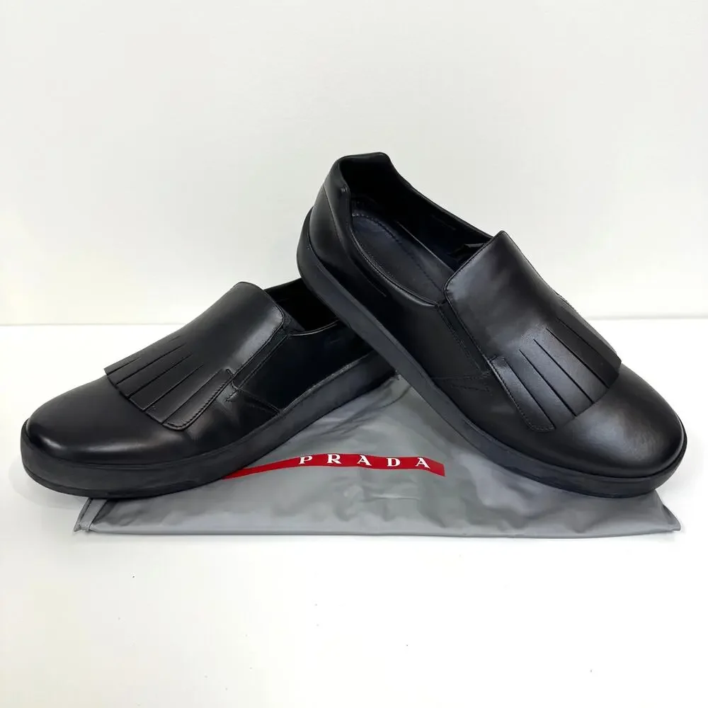 PRADA Kiltie Black Leather Fringe Sneaker Loafers 11 Casual Dress Sport Shoes